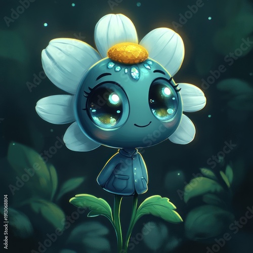 A charming flower character stands with sparkling eyes in a magical setting at dusk