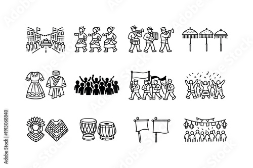 Street cultural celebration. Line icon set of Street cultural celebration: parade street view, cultural dance line, music procession,
