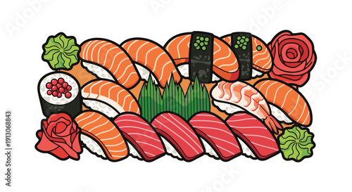 Assorted sushi platter featuring salmon and tuna nigiri maki rolls and ikura gunkan with pickled ginger and wasabi, Generative AI.