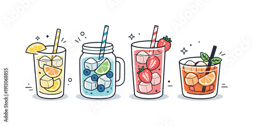 Refreshing Summer Beverages. Cold summer drinks. Glasses with iced beverages, refreshing and light feeling. Ice cubes, straws, and citrus slices arranged