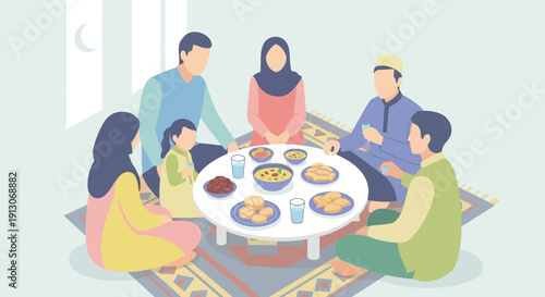 Family Gathering for Iftar Meal During Ramadan Illustration.