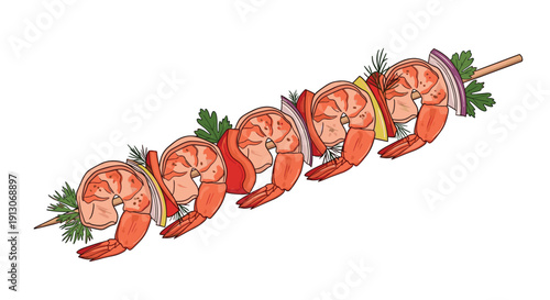 Five grilled shrimp and vegetable skewers with red bell pepper onion and herbs on a single wooden stick, Generative AI.