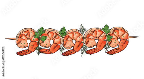 Five grilled shrimp on a skewer garnished with fresh parsley and dill sprigs on white, Generative AI.