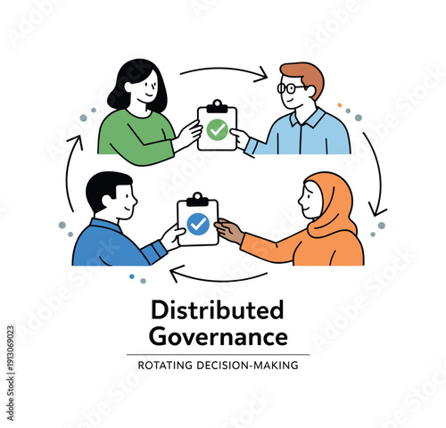 Distributed governance illustration decision flow. A circular layout of figures passing a simple decision icon around, showing rotation of