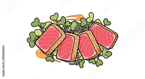 Seared tuna slices with sesame crust on fresh green microgreens drizzled with sauce on white, Generative AI.