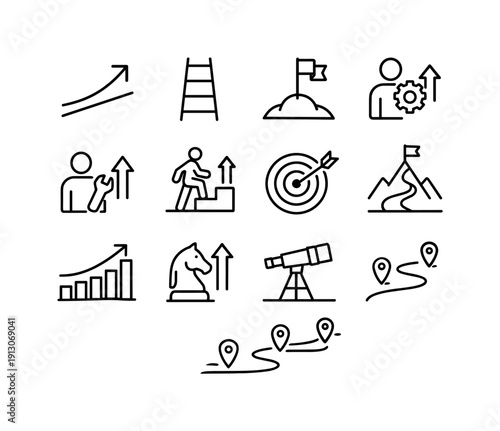 Career Growth. Line icon set of Career Growth: upward arrow, career ladder, milestone flag, professional development, skill