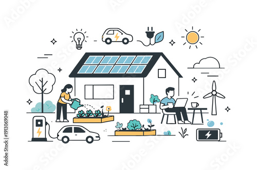 Solar energy at home. A house with solar panels and a small garden, peaceful and modern. The composition highlights everyday use of renewable