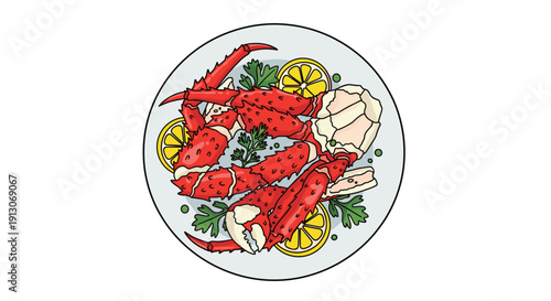 Cooked red crab legs with a lemon and parsley garnish on a light gray plate isolated on white, Generative AI.