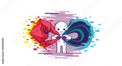 Abstract character with contrasting elements of fire and water, symbolizing duality and balance, with digital glitch effects.