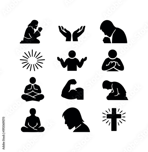 Faith Icon Set. Faith and surrender. Solid icon set of Faith and surrender: Jesus praying, open hands, bowed head, divine light, acceptance gesture, spiritual