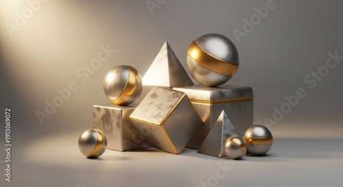 Wallpaper Mural A collection of metallic and golden spheres and cubes on a neutral background. Torontodigital.ca