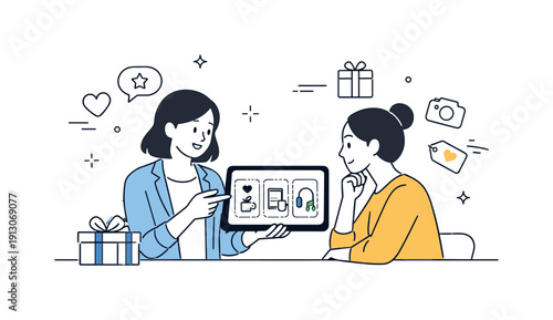 Personalized Gift Assistance. Personalized gift shopping service. A consultant helping a customer choose a gift using a tablet with preference cards and icons.