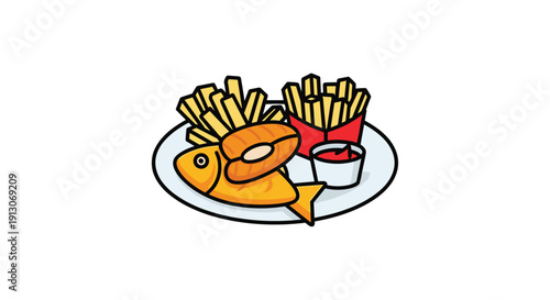 Illustration of fried fish mussel and French fries on a white plate with a side of ketchup, Generative AI.