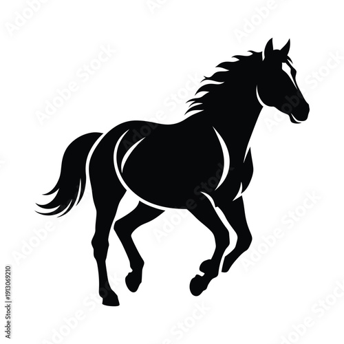 Black silhouette of a galloping horse with flowing mane and tail against a white background dynamic movement and freedom