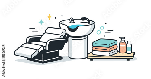 Hair salon wash area. A clean shampoo bowl with a reclining chair and folded towels nearby, expressing comfort, hygiene, and everyday beauty