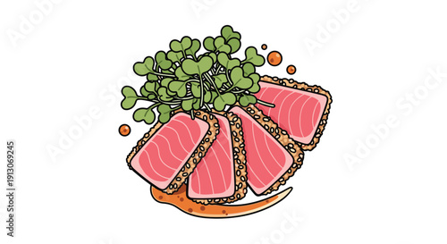Cartoon seared tuna slices with sesame crust garnished with fresh microgreens and a drizzle of savory sauce, Generative AI.