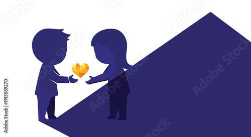 Generous man gives a golden heart to a woman, symbolizing love, kindness, and sharing in a minimalist graphic style.