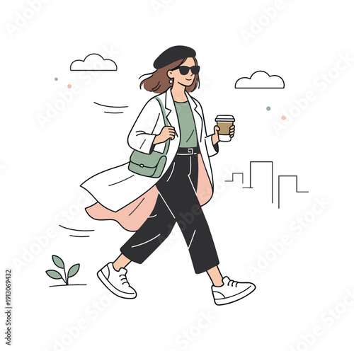 Spring fashion season illustration street style. A character walking outdoors in a fashionable spring outfit, with light movement in clothes