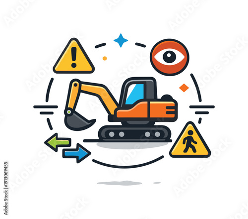   Safety in construction machinery and equipment centered on operator awareness and controlled movement on site. A compact conceptual badge