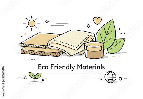 Inspirational design with ecology materials trend. Eco-friendly materials like cardboard, fabric, and leaves forming a balanced composition.