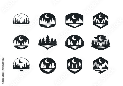 Silent Forest. Icon set. Set Logo of Silent Forest: quiet woodland silhouette. harmonious logo variations of the same emblematic concept,