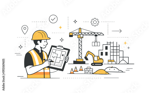Construction Site Planning. Construction site layouts. A site manager reviewing a layout plan on a clipboard beside a simplified construction area, calm