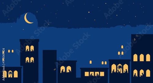 Nighttime Cityscape with Crescent Moon and Illuminated Windows.