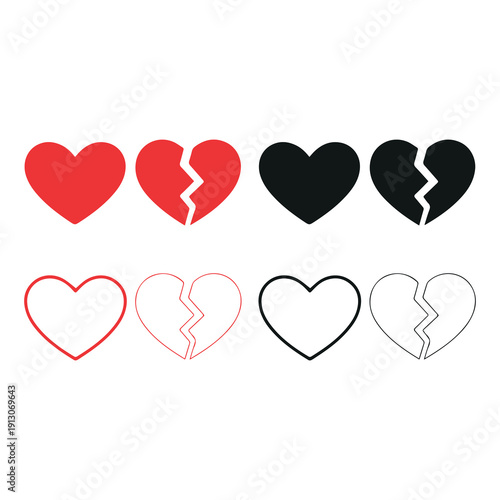 Broken and whole hearts in red black and outline styles for emotional themes