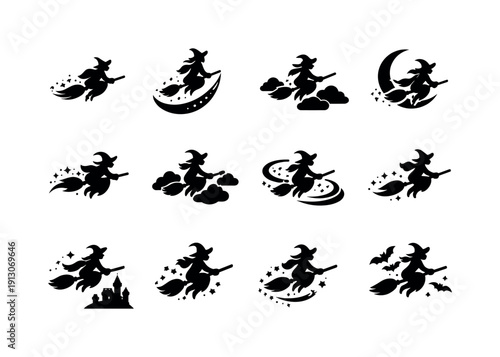    Storybook Magic Flight. Solid icon set of Storybook Magic Flight: fairy tale witch, broom flight pose, whimsical motion, curved sky path,