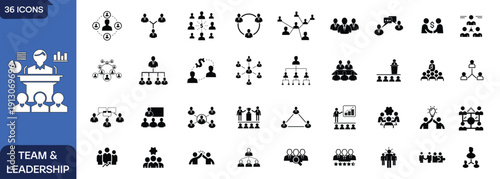 Team and Leadership Icon Set, Business Management People Silhouette Collection, Corporate Organization Structure, HR Communication Strategy, Partnership, Collaboration and Company Hierarchy Vector