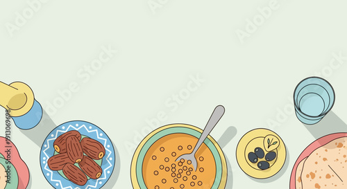 Overhead View of a Colorful Middle Eastern Meal.