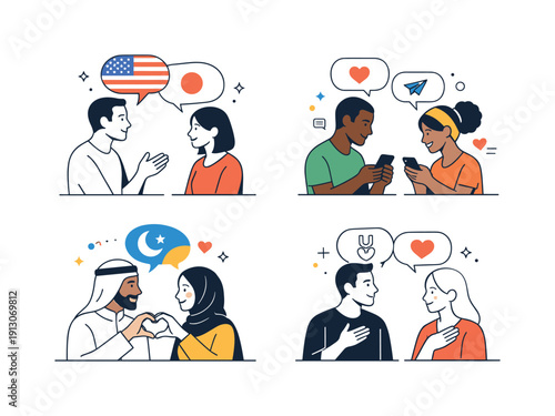 Diverse Couple Communication. Communication styles in relationships. Couples shown using different communication methods like talking, texting, or symbolic