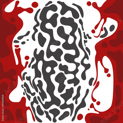 a red and black abstract painting of frog skin on white background. Abstract pattern
