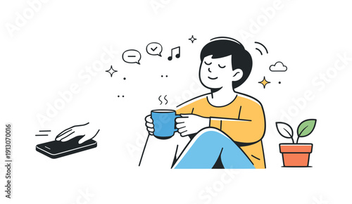 Digital detox moment. A person puts a phone aside while enjoying a quiet pause. Clean editorial metaphor for reducing mental overload.