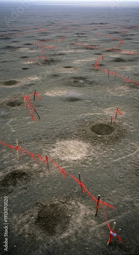 Danger Minefield Marked With Red Tape and Stakes
