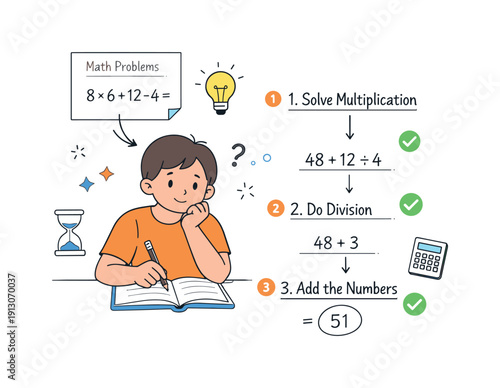 Improving problem-solving skills. Student reviewing math tasks step by step, thoughtful analysis and patience. Arrows, checkmarks, and