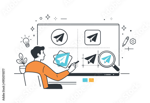 Minimal Logo Refinement. Logo design process. A designer refining a simple logo mark on a large screen while comparing different versions. The atmosphere feels
