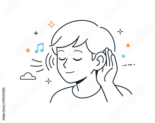   People pausing to listen. A profile view of a person with eyes gently closed, ear angled toward the source of sound. Calm listening and inner