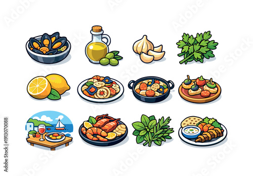    Mediterranean food. Colorful isometric vector icons set of Mediterranean food: mussels dish, olive oil, garlic cloves, parsley, lemon,