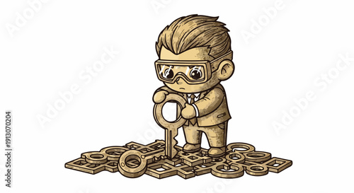 Chibi businessman in goggles holding a large key amidst many others. Symbolizes problem-solving, security, unlocking solutions, and finding the right answer.