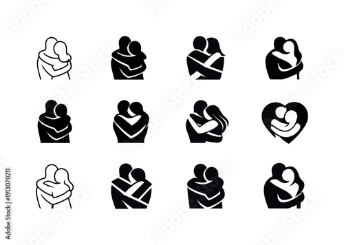 Couples embracing and expressing affection in public. Icon set. Set Logo of couples embracing and expressing affection in public: hugging