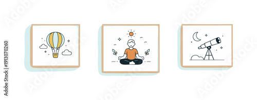 Minimal frames and negative space. A few framed prints spaced widely on a wall, emphasizing air and simplicity. The scene feels quiet,