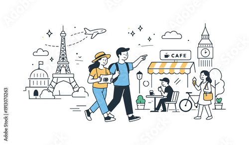   City weekend escape. Travelers walking through a simplified city scene with landmarks and cafes. Casual exploration and leisure feeling with
