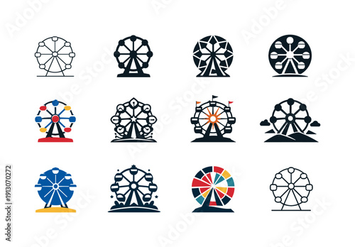 Carnival Ride Icons. Carnival rides. Icon set. Set Logo of carnival rides: ferris wheel. harmonious logo variations of the same emblematic concept, each with