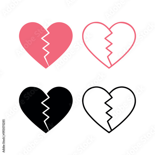 Broken heart symbols in pink black and white illustration