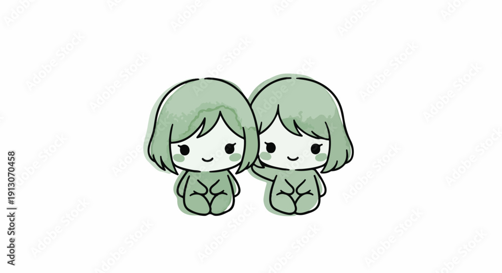 Naklejka premium Cute hand-drawn illustration of two adorable chibi-style figures, possibly twins or friends, with green hair, sitting together in a minimalist, sweet design, symbolizing companionship and innocence.