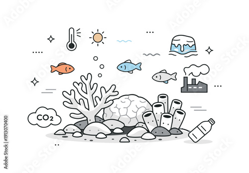 Coral reef damage. Faded corals with a few fish swimming slowly, showing loss of color and life. Soft icons and dots hint at environmental