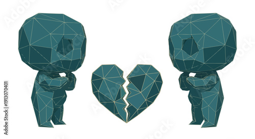 Geometric teal characters facing a shattered heart, representing heartbreak, separation, and emotional pain, a poignant digital art illustration of relationship struggles.