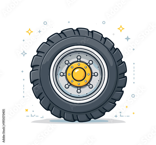 Tractor wheel. Isolated tractor wheel with visible rim and bolts, centered as a strong simple object. Focus on durability, engineering, and