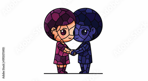 Adorable mosaic-style chibi characters holding hands, symbolizing unity, love, friendship, and diversity in a unique stained glass vector illustration.